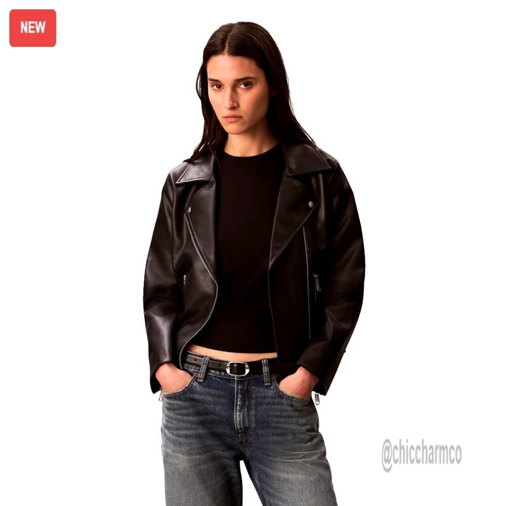 Classic Faux Leather Biker Jacket with Asymmetric Zip and Adjustable Belt